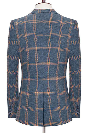 Blue Notched Lapel Slim Fit Plaid Men Suits